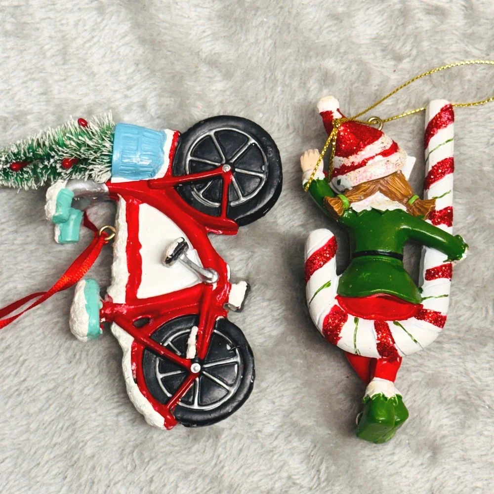 Vintage Christmas Elf on Candy Cane Bicycle Ornament Festive Retro Holiday Decor